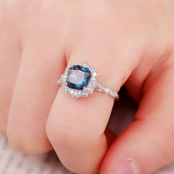 NEW 925 Sterling Silver Mystic Topaz Diamond Halo Cushion Cut Ring - Picture 5 of 5